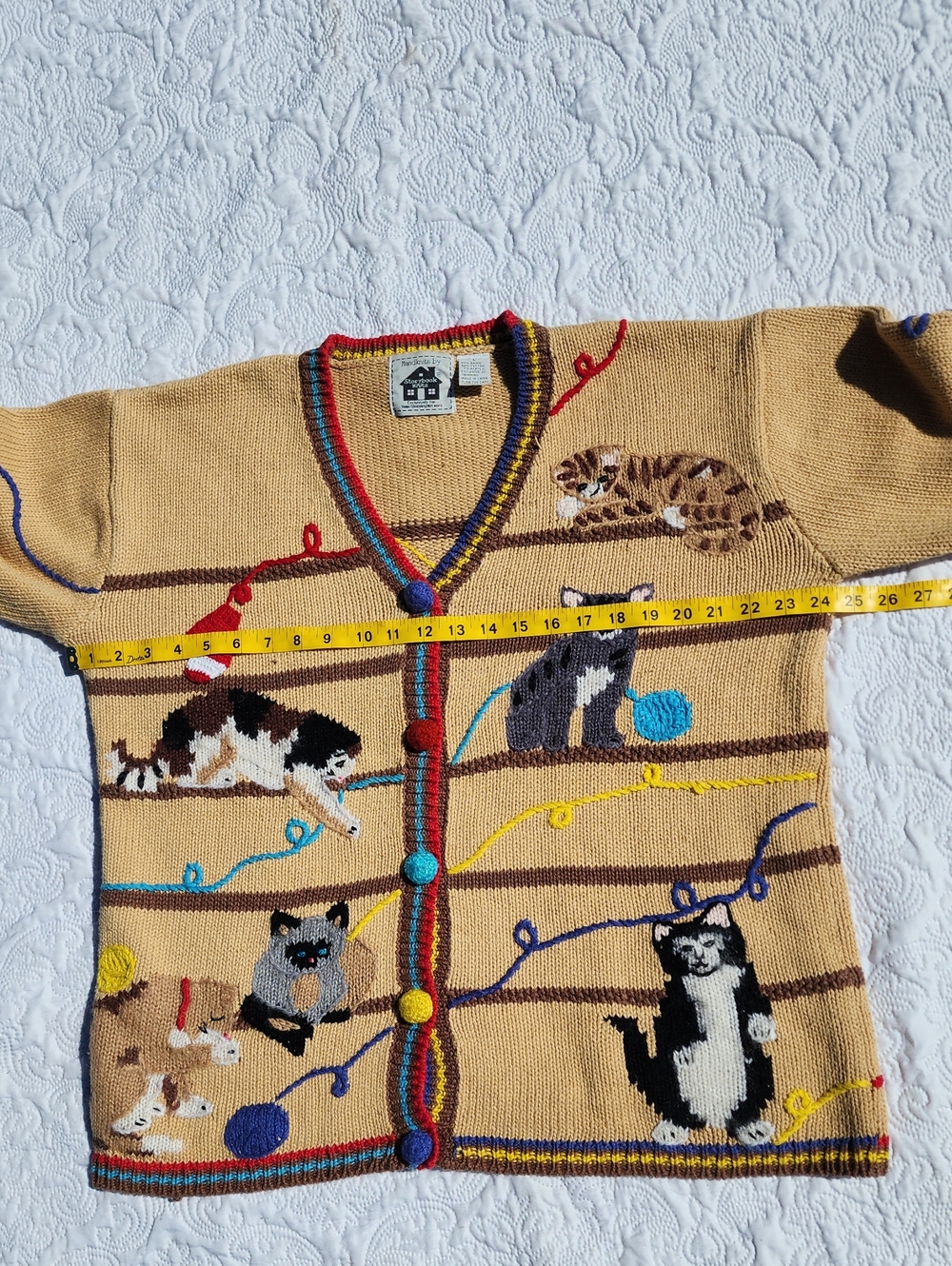 Storybook Knits Beige Cat Embroidered Cardigan with Multicolor Trim - Picture 15 of 16